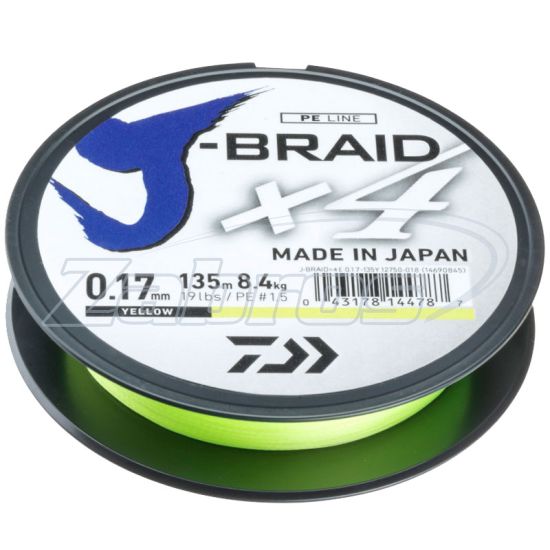 Фото Daiwa J-Braid X4, 12740-017, 0,17 мм, 8,4 кг, 135 м, Yellow