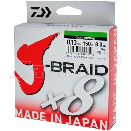 Фотографія Daiwa J-Braid X8, 12750-018, 0,18 мм, 12 кг, 150 м, Chartreuse