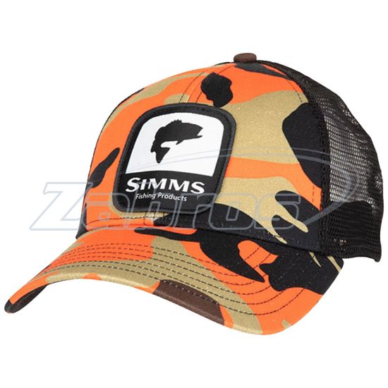 Фотографія Simms Bass Patch Trucker Hat, 12212, Woodland Camo Flame