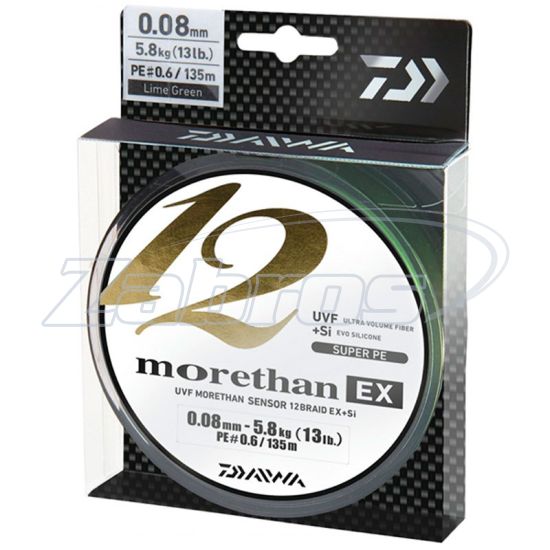 Фотографія Daiwa Morethan 12 Braid EX+SI, 12695-010, 0,1 мм, 7,3 кг, 135 м, Lime Green